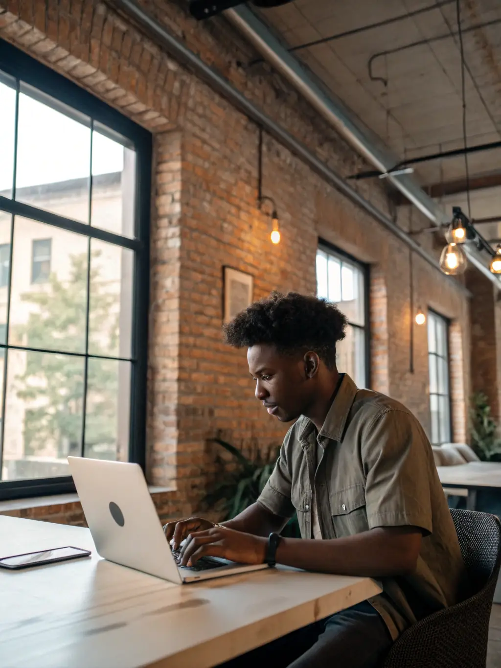 A young Indian entrepreneur working on his laptop in a co-working space, surrounded by other professionals. He is focused on developing his online business, symbolizing the potential of digital entrepreneurship.