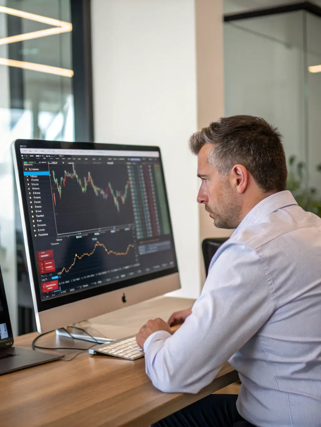A professional Indian investor analyzing stock charts on a computer screen, with a focus on data-driven decision-making.