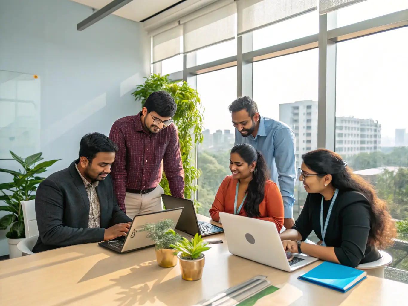 An image depicting a diverse group of Indian professionals collaborating on investment strategies, with access to real-time market data on their devices.