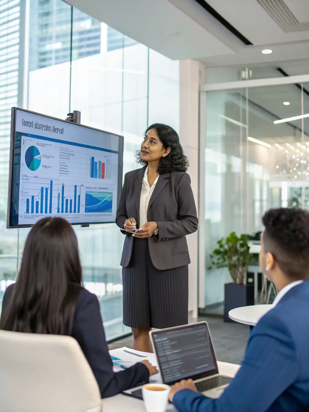 A professional Indian woman in her late 30s, dressed in business casual attire, smiling confidently while reviewing a stock market chart on her tablet in a modern office setting. The image represents strategic investment planning.