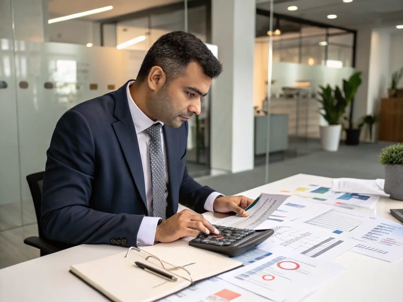 A focused Indian professional using a financial calculator to assess investment options, set against a backdrop of stock market data and charts.